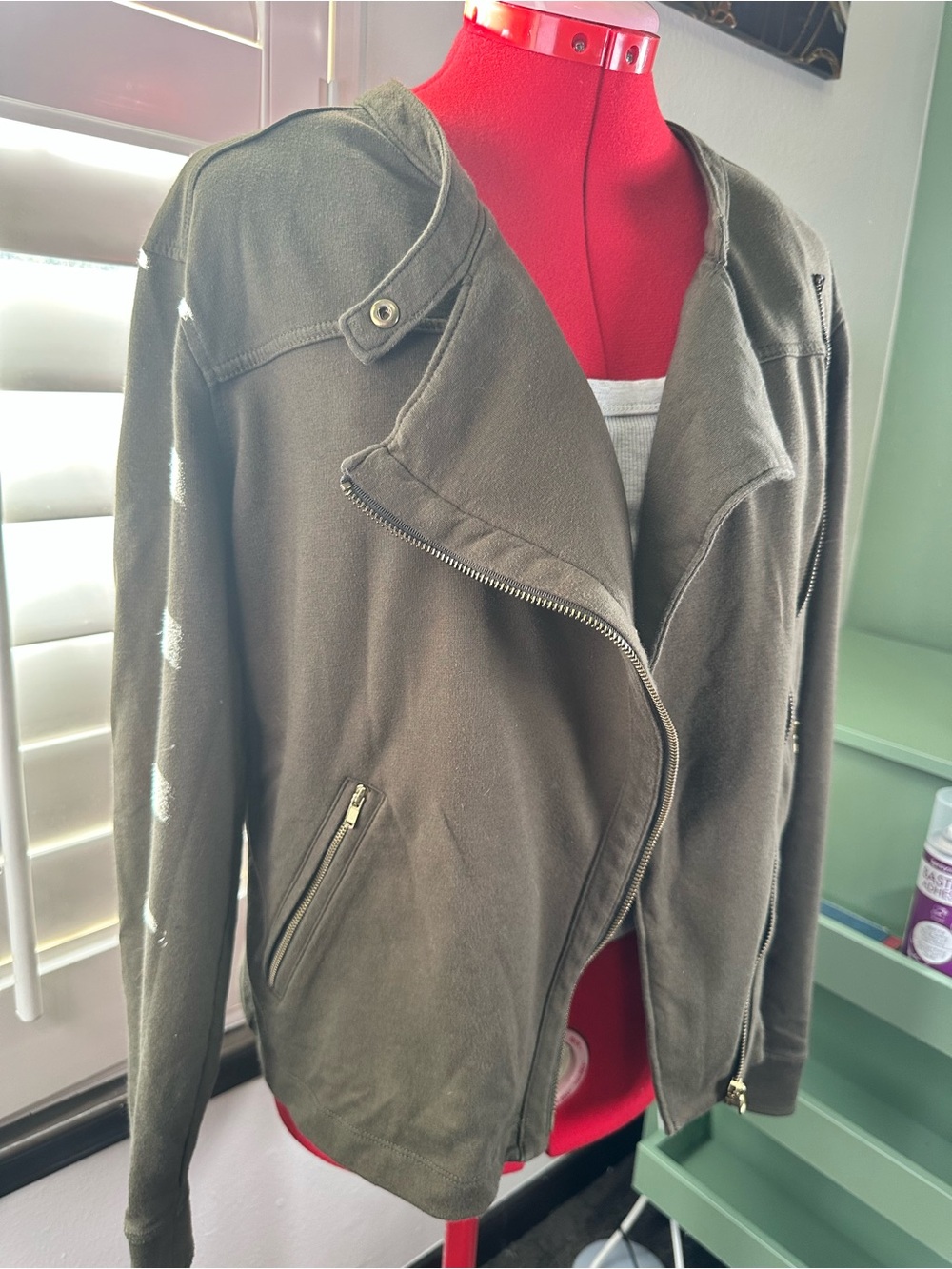 New York & Company Olive Green Zip-Front Moto Jacket